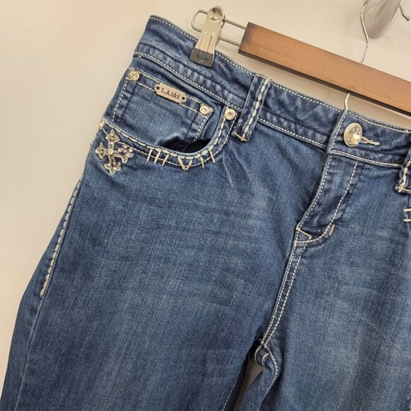 Vintage Y2K‎ L.A. Idol Dark Wash Mid Rise Bedazzled Bootcut Denim Jeans Size 13 - Picture 5 of 15
